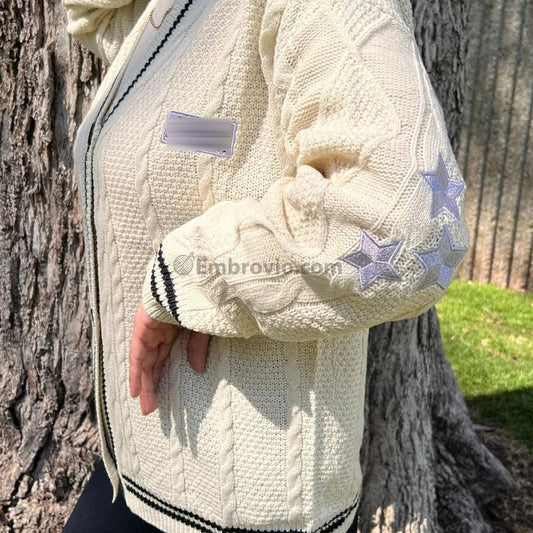 Taylor Swift Folklore Album Cardigan – Star Embroidered Oversized Sweater – Cozy Cable Knit Button Up – Hand Knitted Style Holiday Gift