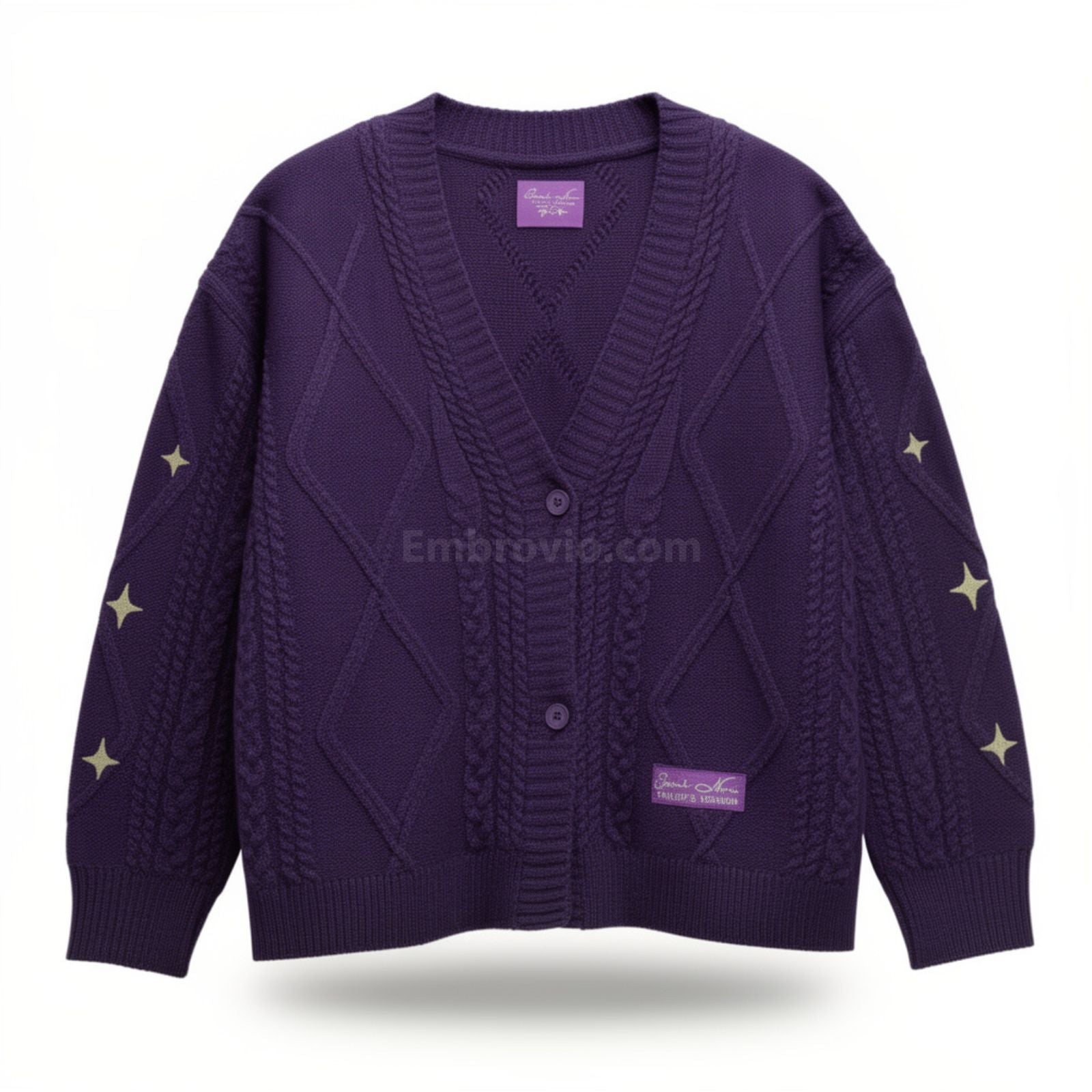 Taylor Swift Speak Now Cardigan – Star Embroidered Oversized Purple Sweater – Cozy Cable Knit Button Up – Hand Knitted Style