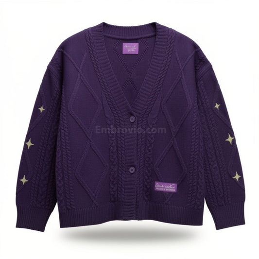 Taylor Swift Speak Now Cardigan – Star Embroidered Oversized Purple Sweater – Cozy Cable Knit Button Up – Hand Knitted Style