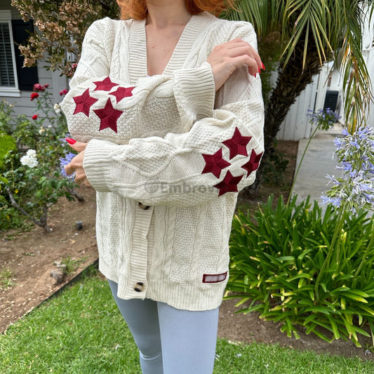 Taylor Swift 4 Red Star Folklore Cardigan – Star Embroidered Oversized Purple Sweater – Cozy Cable Knit Button Up – Hand Knitted Style