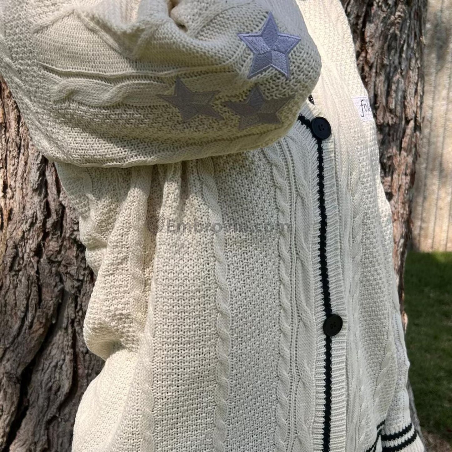 Taylor Swift Folklore Album Cardigan – Star Embroidered Oversized Sweater – Cozy Cable Knit Button Up – Hand Knitted Style Holiday Gift
