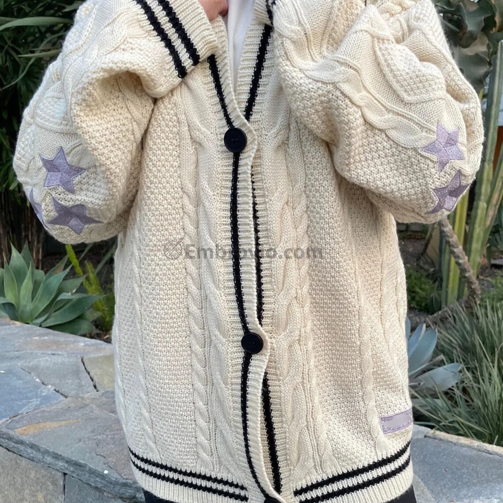 Taylor Swift Folklore Cardigan – Star Embroidered Oversized Sweater – Cozy Cable Knit Button Up – Hand Knitted Style Holiday Gift