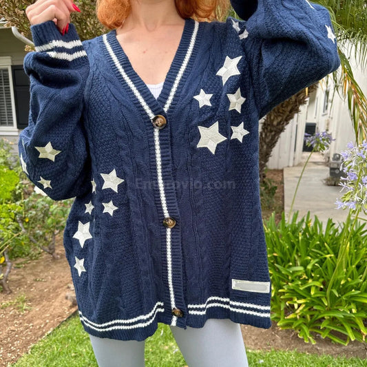 Taylor Swift Midnights Cardigan – Star Embroidered Oversized Purple Sweater – Cozy Cable Knit Button Up – Hand Knitted Style