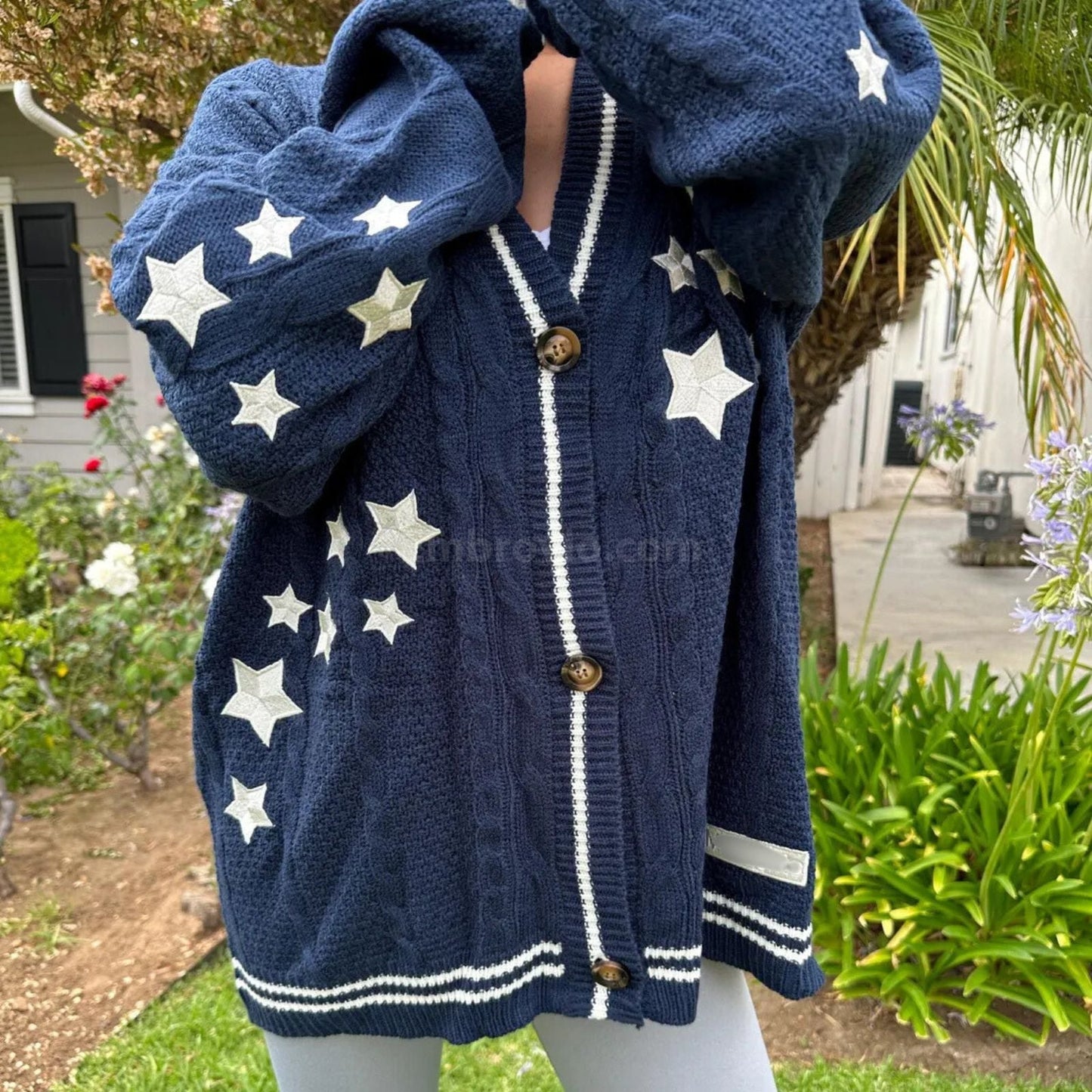 Taylor Swift Midnights Cardigan – Star Embroidered Oversized Purple Sweater – Cozy Cable Knit Button Up – Hand Knitted Style