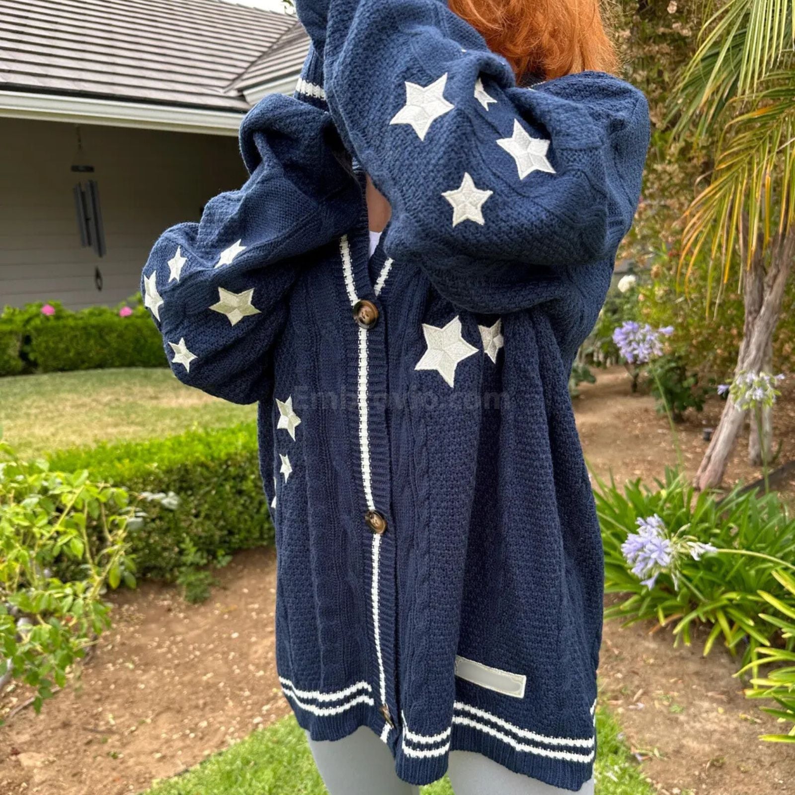 Taylor Swift Midnights Cardigan – Star Embroidered Oversized Purple Sweater – Cozy Cable Knit Button Up – Hand Knitted Style