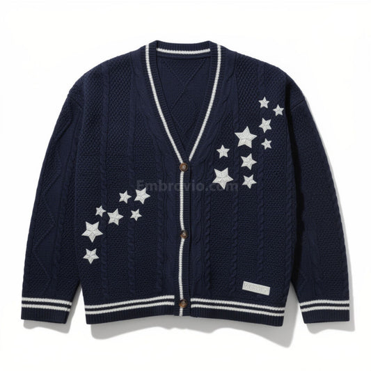 Taylor Swift Midnights Cardigan – Star Embroidered Oversized Purple Sweater – Cozy Cable Knit Button Up – Hand Knitted Style